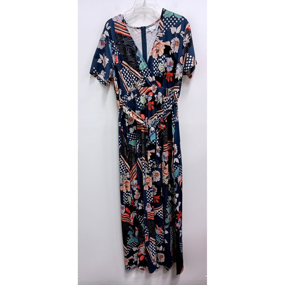 Hazel Blues BOHO Maxi Dress Womens 1X Blue Floral Faux Wrap Short Sleeve Slit